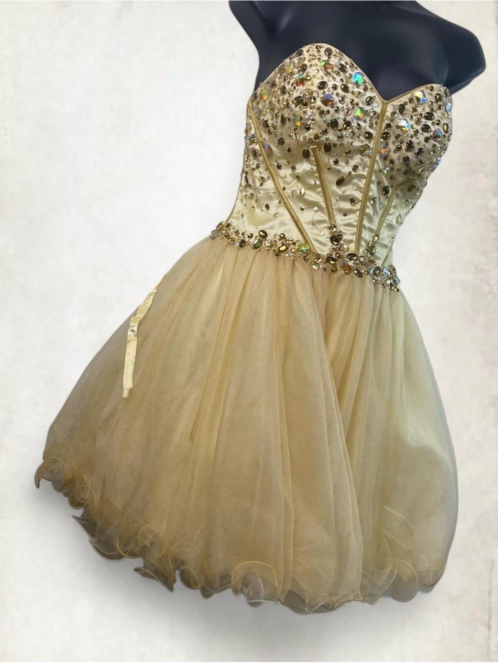 Gold Strapless Sweetheart Cocktail Dress with Crystal Embellishment - Picture 2 of 7